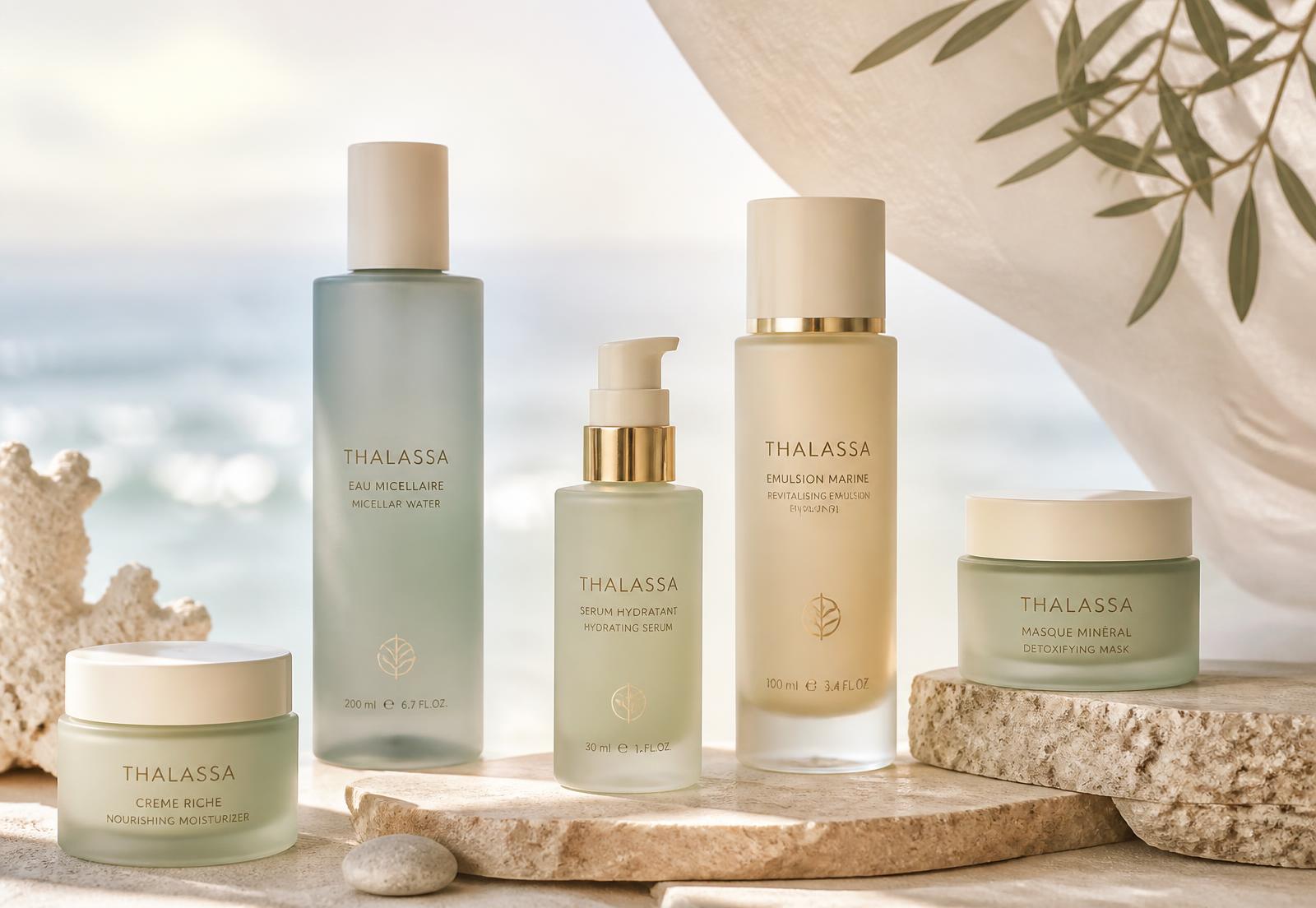 VerdantBloom beauty and cosmetics products arranged on a soft coastal backdrop